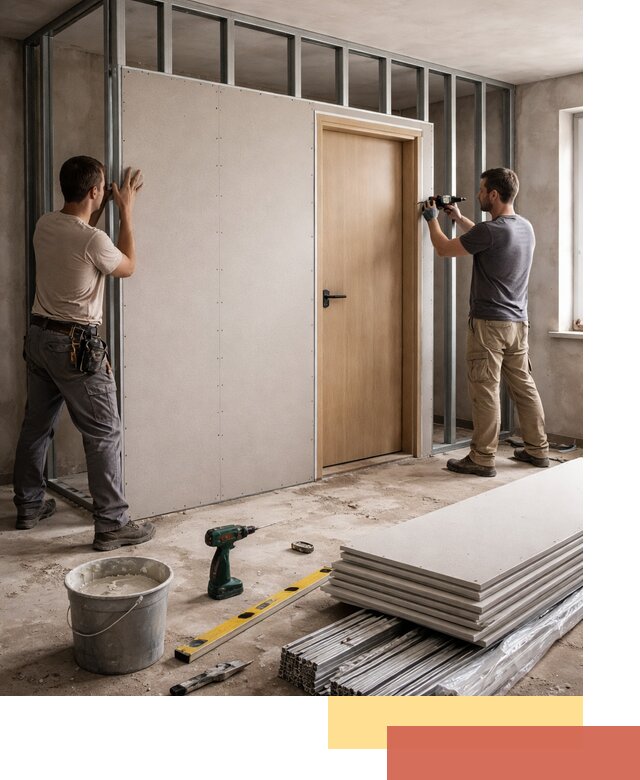 Перегородка из гипсокартона с дверью под ключ в Сасово