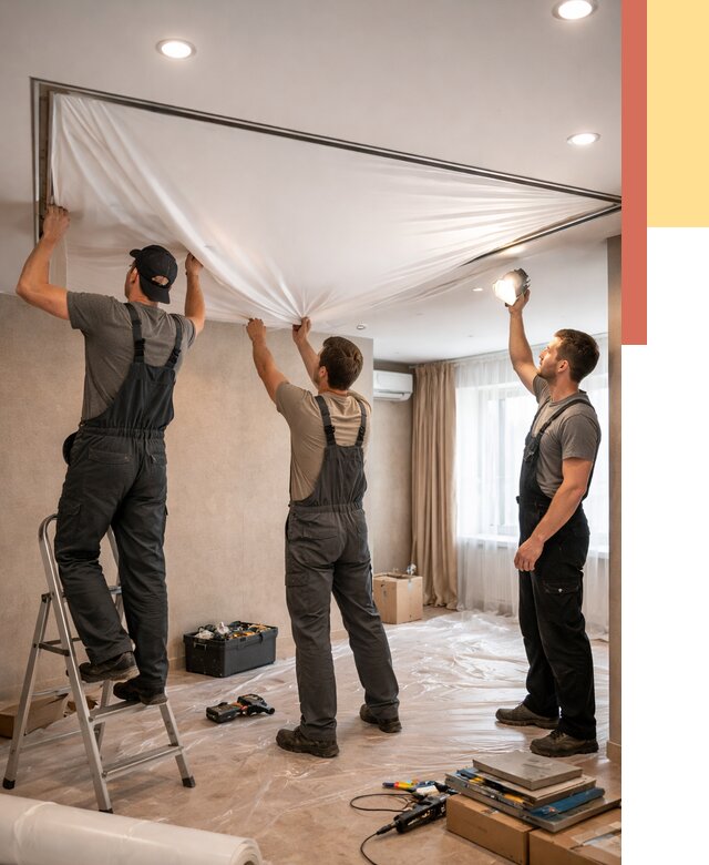 Монтаж ПВХ натяжного потолка в Сасово от 3537 руб. под ключ | ОТДЕЛОЧНИК-Ссв