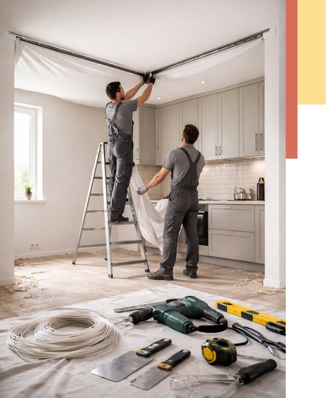 Установка натяжного потолка на кухне в Сасово от 2425 руб. | ОТДЕЛОЧНИК-Ссв